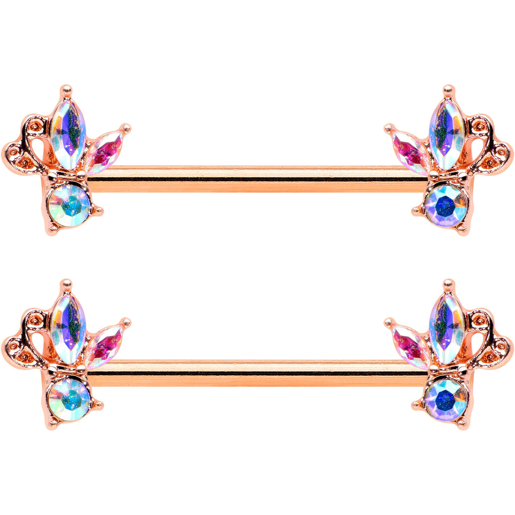 BodyCandy 14G 5/8 Aurora CZ Gem Rosy Hue Fleur de Lis Butterfly Barbell Nipple Ring Set — detail close-up
