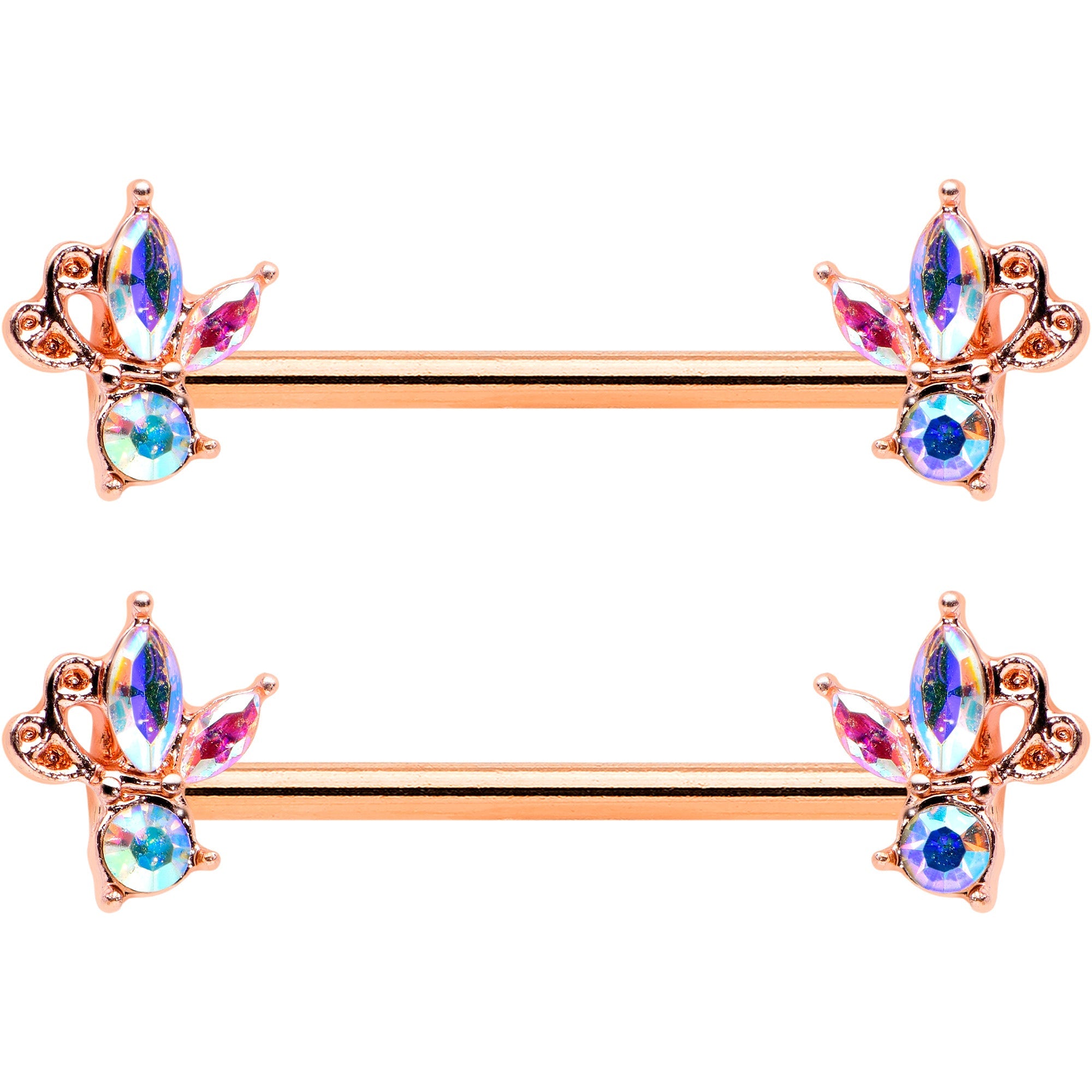 BodyCandy 14G 5/8 Aurora CZ Gem Rosy Hue Fleur de Lis Butterfly Barbell Nipple Ring Set — detail close-up