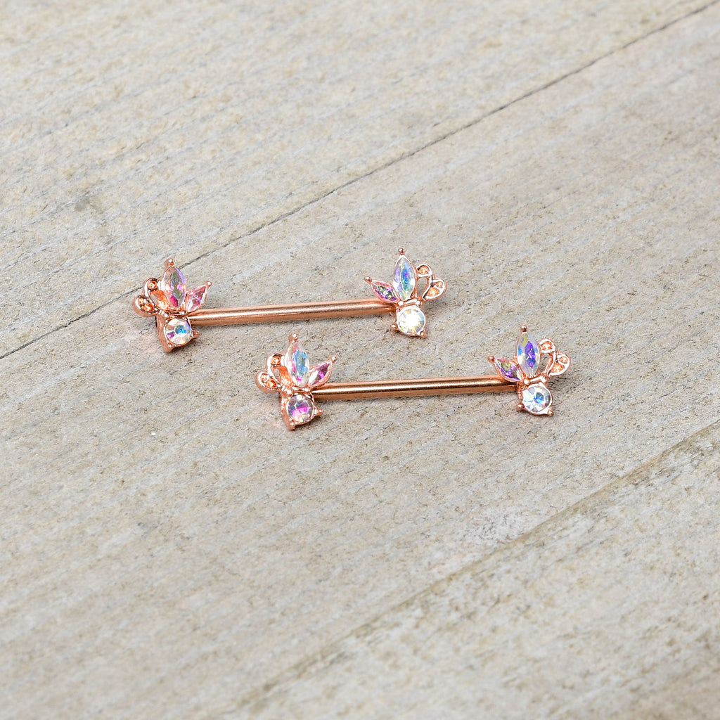 BodyCandy 14G 5/8 Aurora CZ Gem Rosy Hue Fleur de Lis Butterfly Barbell Nipple Ring Set — side view
