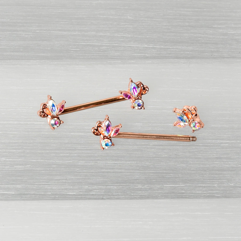 BodyCandy 14G 5/8 Aurora CZ Gem Rosy Hue Fleur de Lis Butterfly Barbell Nipple Ring Set — alternative angle