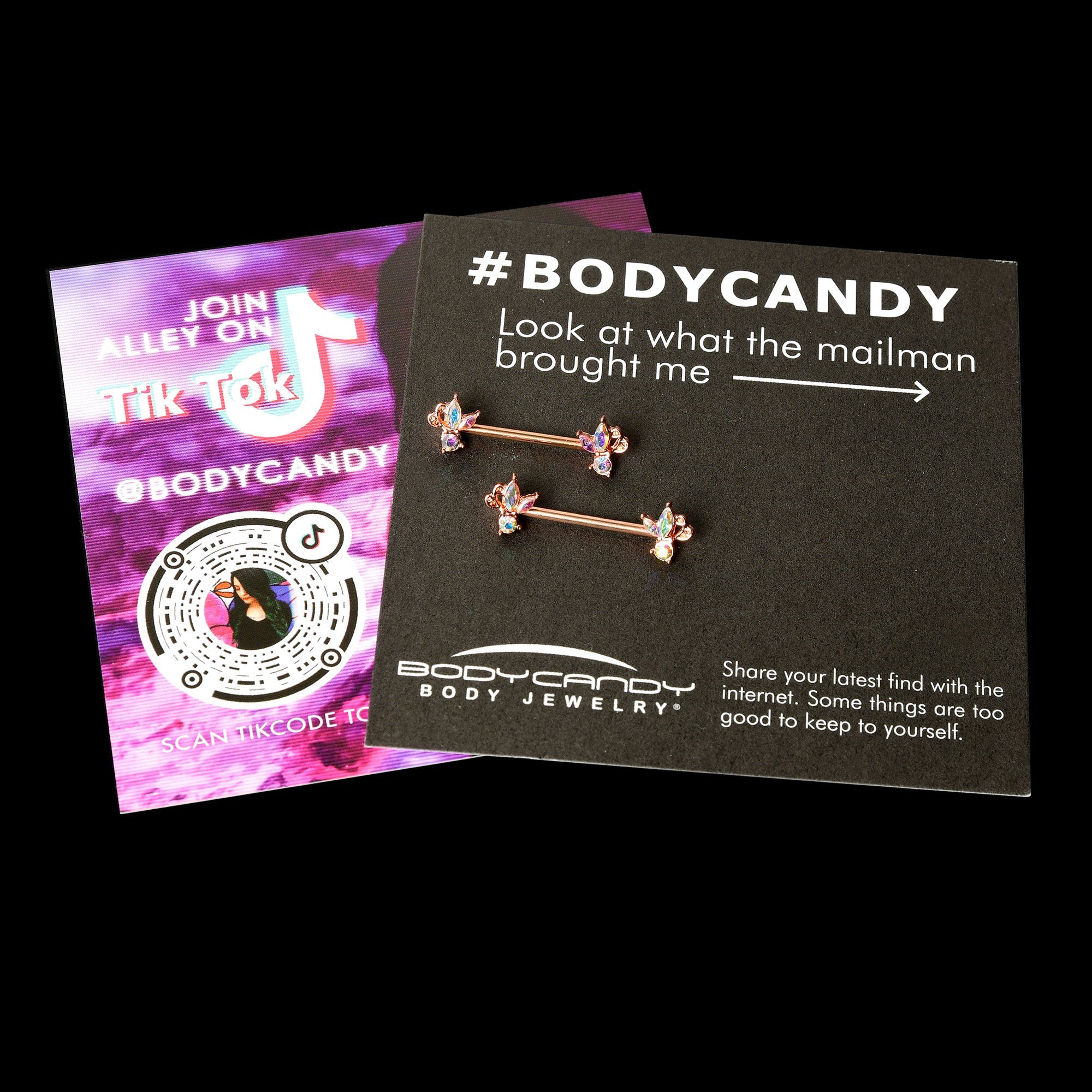 BodyCandy 14G 5/8 Aurora CZ Gem Rosy Hue Fleur de Lis Butterfly Barbell Nipple Ring Set — size reference