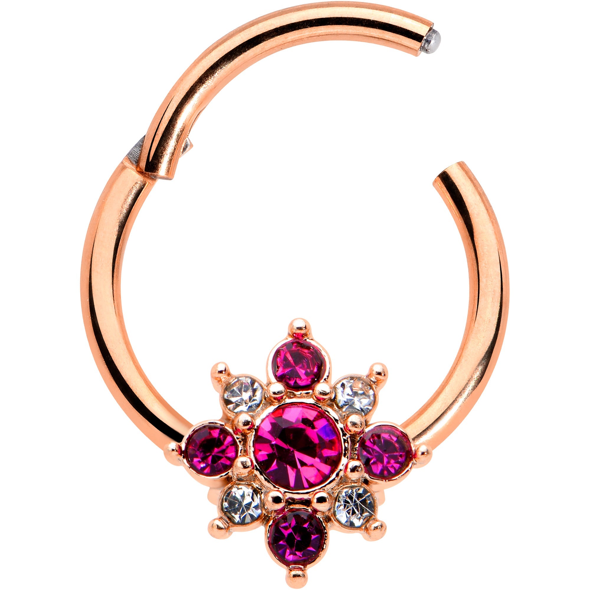 BodyCandy 16G 3/8 Pink Gem Rose Gold Tone Glamour Star Hinged Segment Ring — detail close-up
