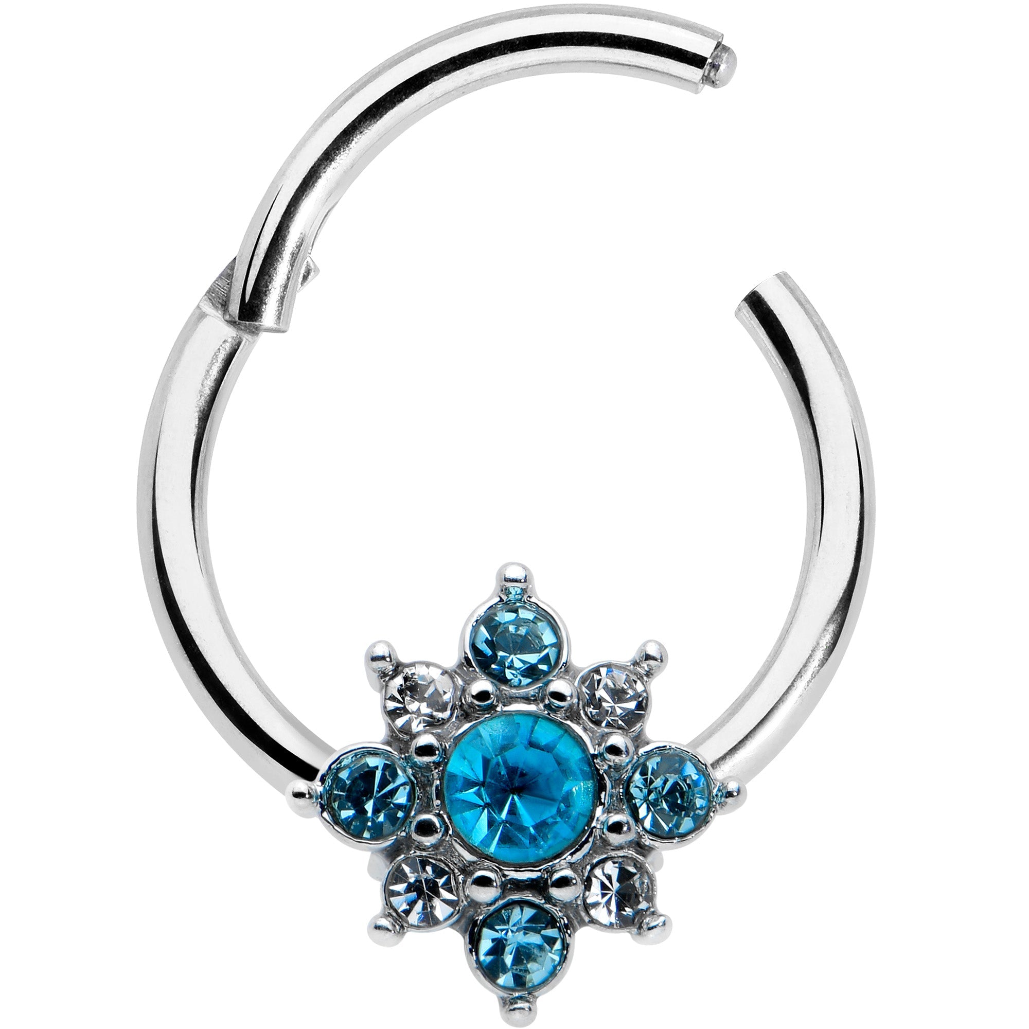 BodyCandy 16G 3/8 Blue Clear Gem Glamour Star Hinged Segment Ring — detail close-up