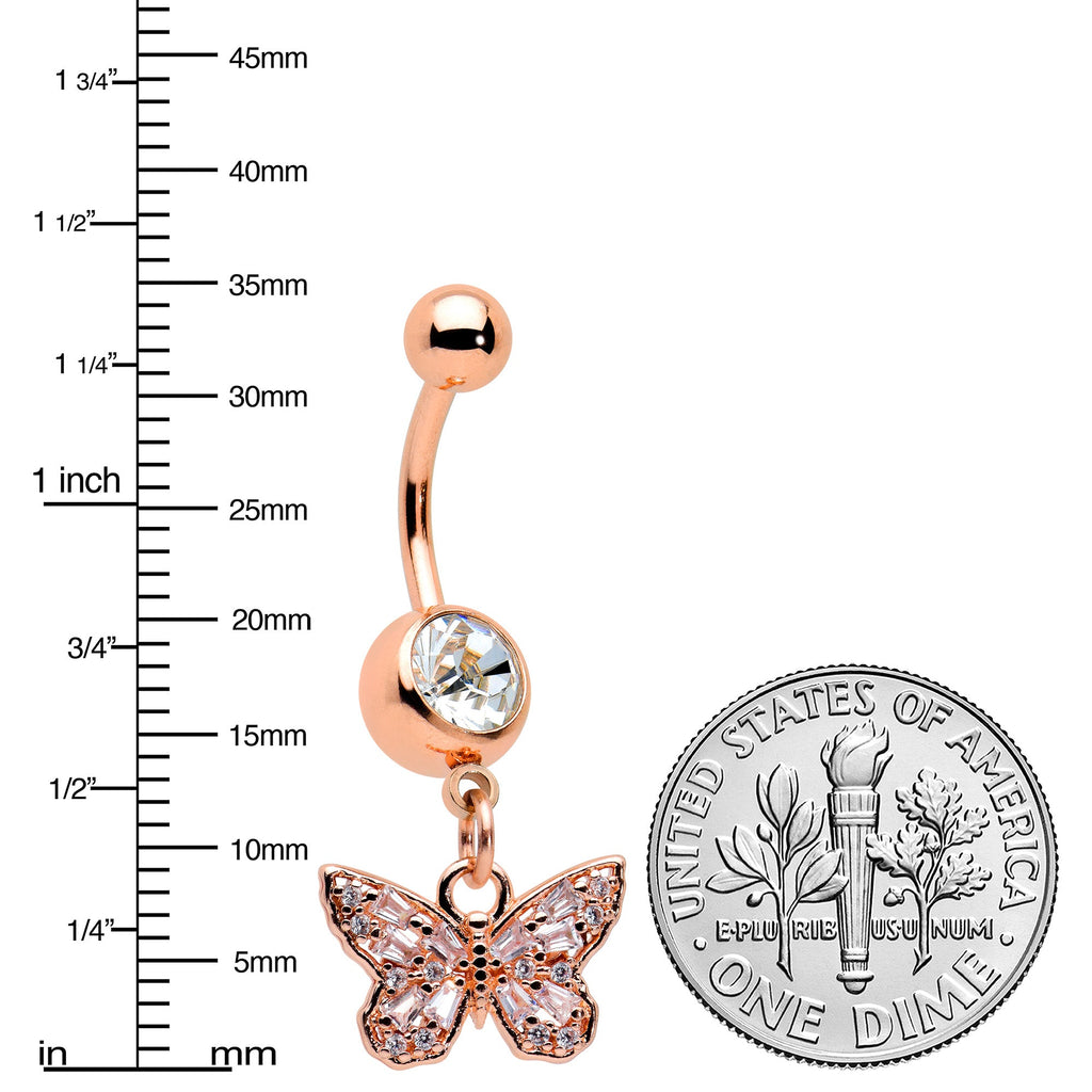 BodyCandy Clear Gem Rose Gold Tone Baroque Butterfly Rococo Dangle Belly Ring — detail close-up