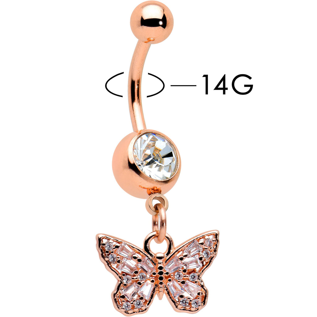 BodyCandy Clear Gem Rose Gold Tone Baroque Butterfly Rococo Dangle Belly Ring — lifestyle context