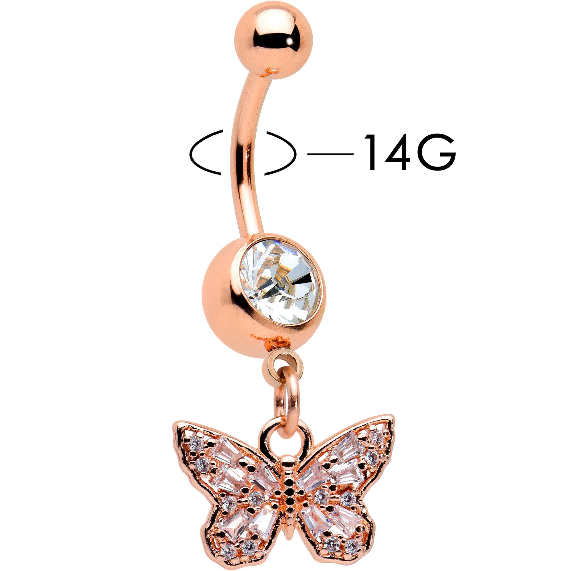 BodyCandy Clear Gem Rose Gold Tone Baroque Butterfly Rococo Dangle Belly Ring — lifestyle context