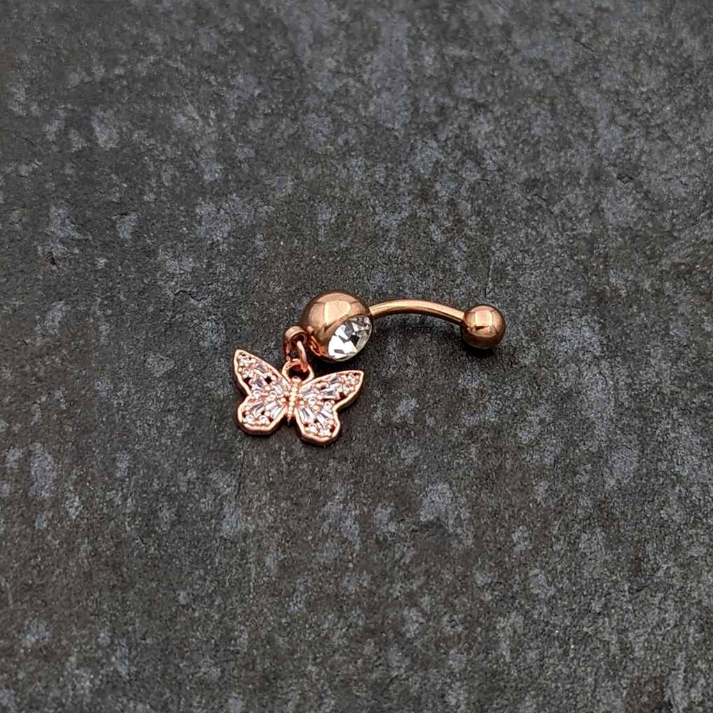 BodyCandy Clear Gem Rose Gold Tone Baroque Butterfly Rococo Dangle Belly Ring — side view