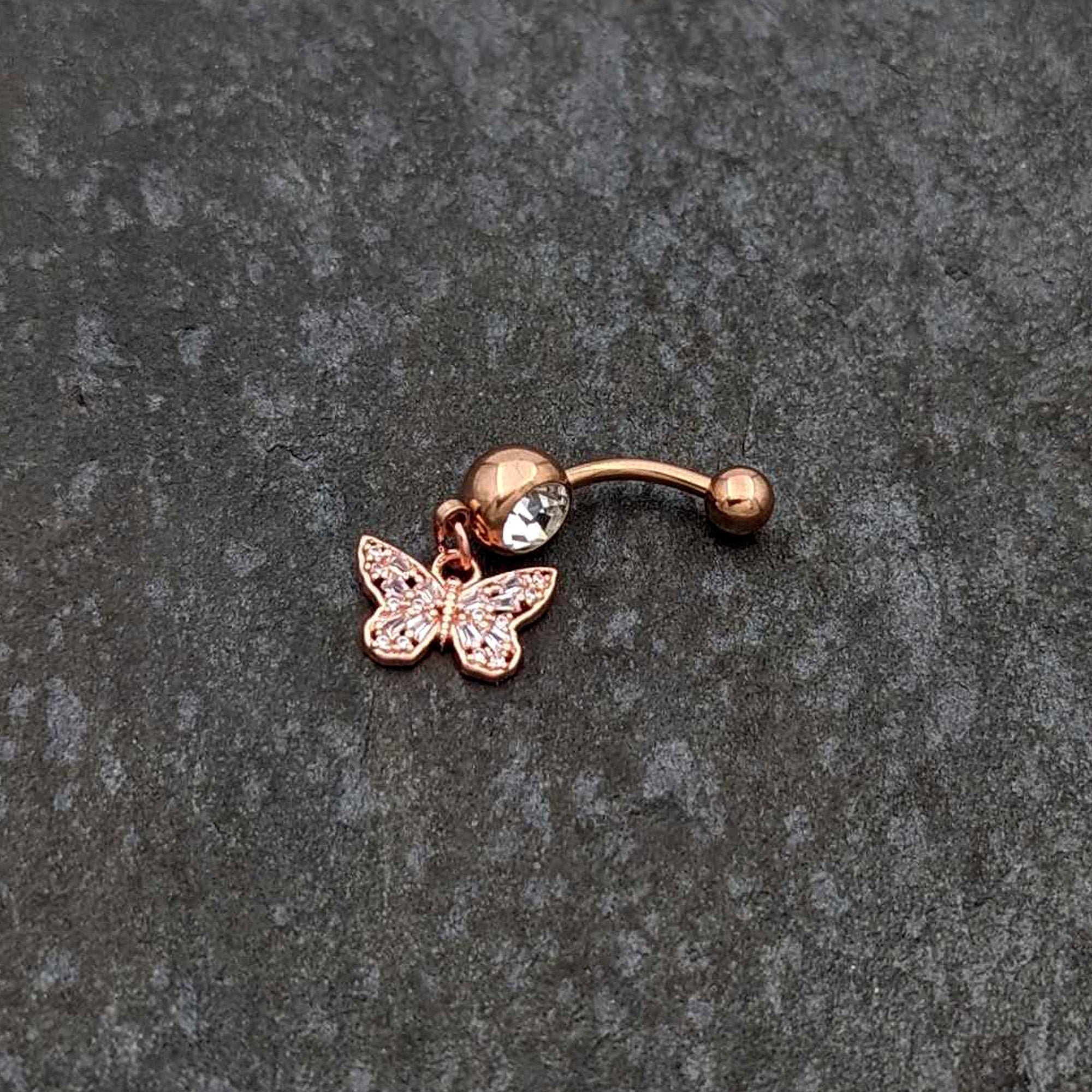 BodyCandy Clear Gem Rose Gold Tone Baroque Butterfly Rococo Dangle Belly Ring — side view