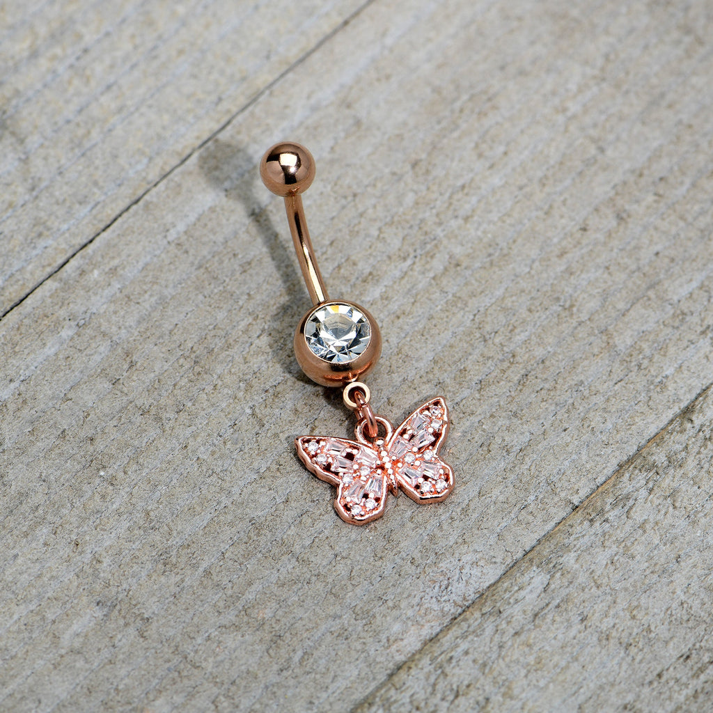 BodyCandy Clear Gem Rose Gold Tone Baroque Butterfly Rococo Dangle Belly Ring — back view