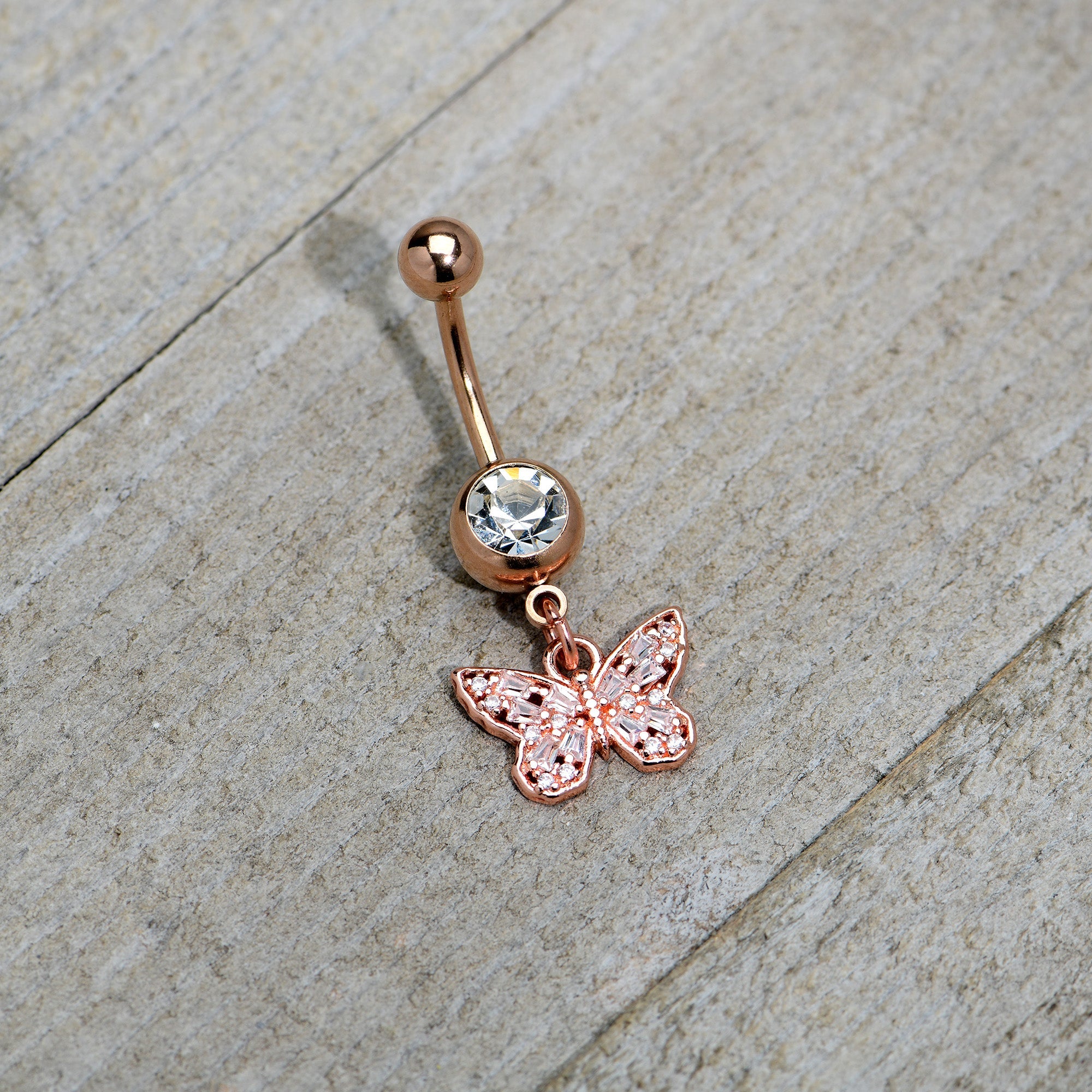 BodyCandy Clear Gem Rose Gold Tone Baroque Butterfly Rococo Dangle Belly Ring — back view