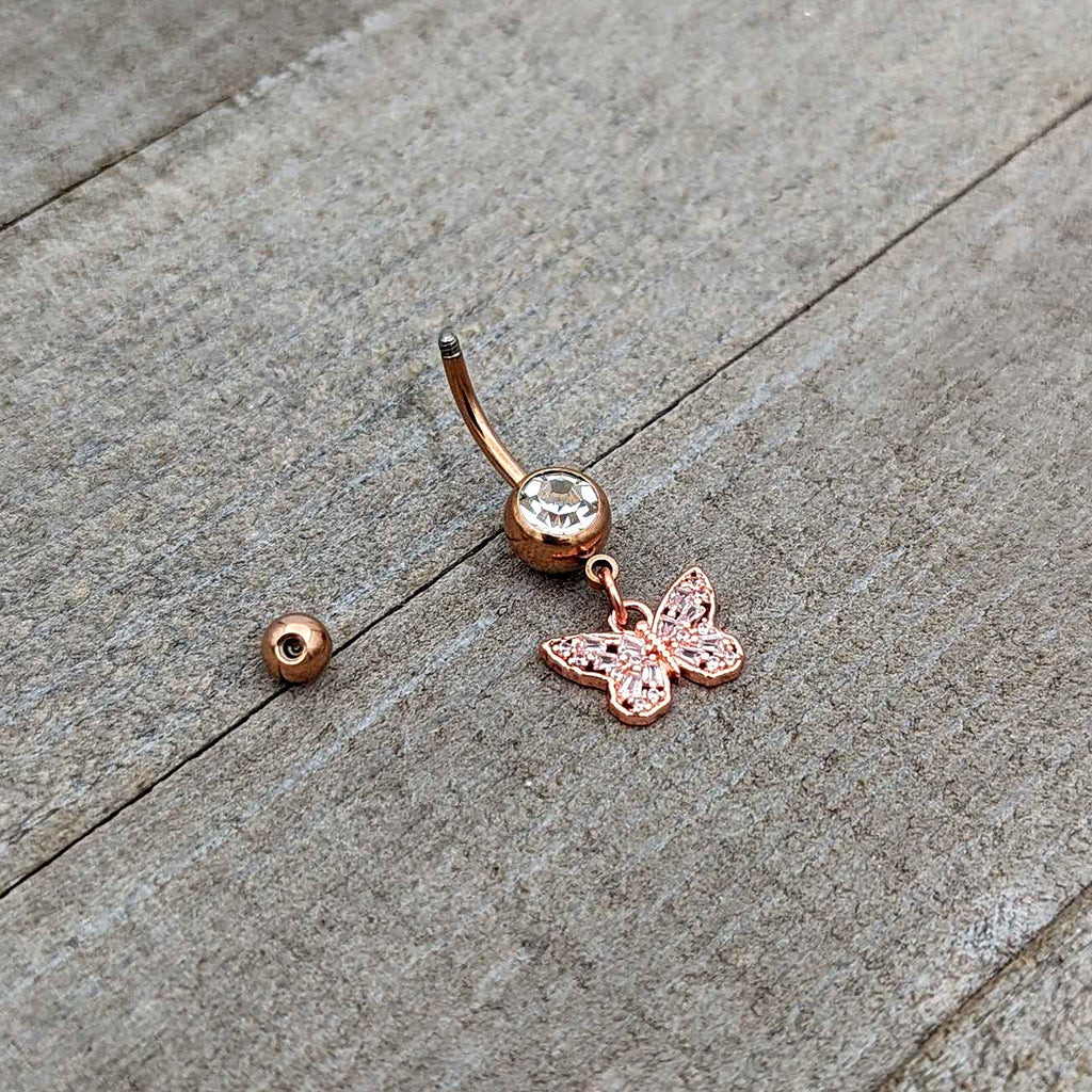 BodyCandy Clear Gem Rose Gold Tone Baroque Butterfly Rococo Dangle Belly Ring — alternative angle