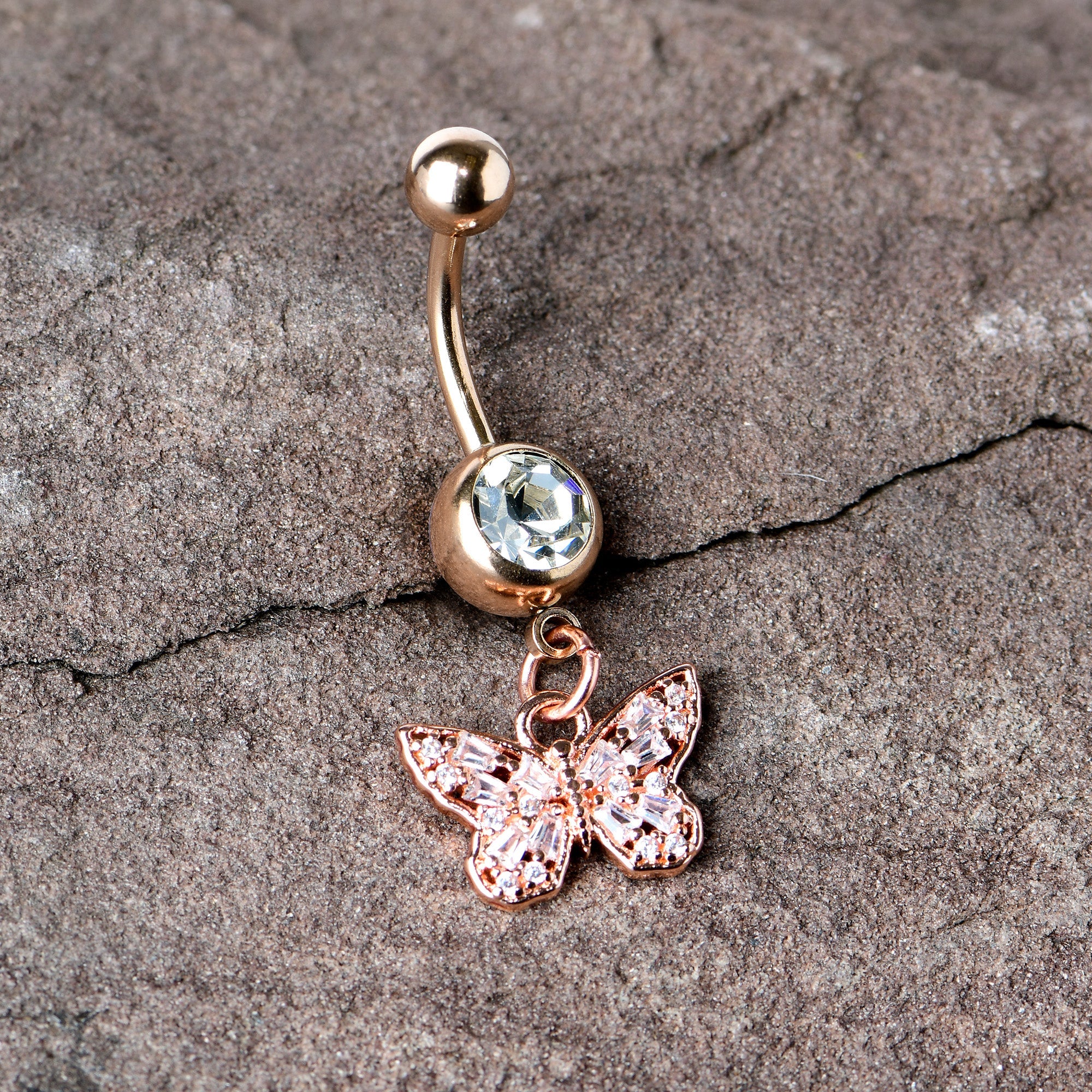 BodyCandy Clear Gem Rose Gold Tone Baroque Butterfly Rococo Dangle Belly Ring — in-use photo