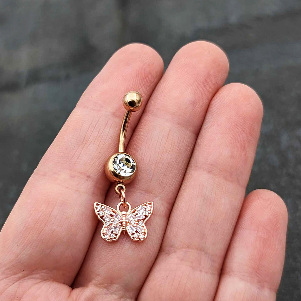 BodyCandy Clear Gem Rose Gold Tone Baroque Butterfly Rococo Dangle Belly Ring — size reference