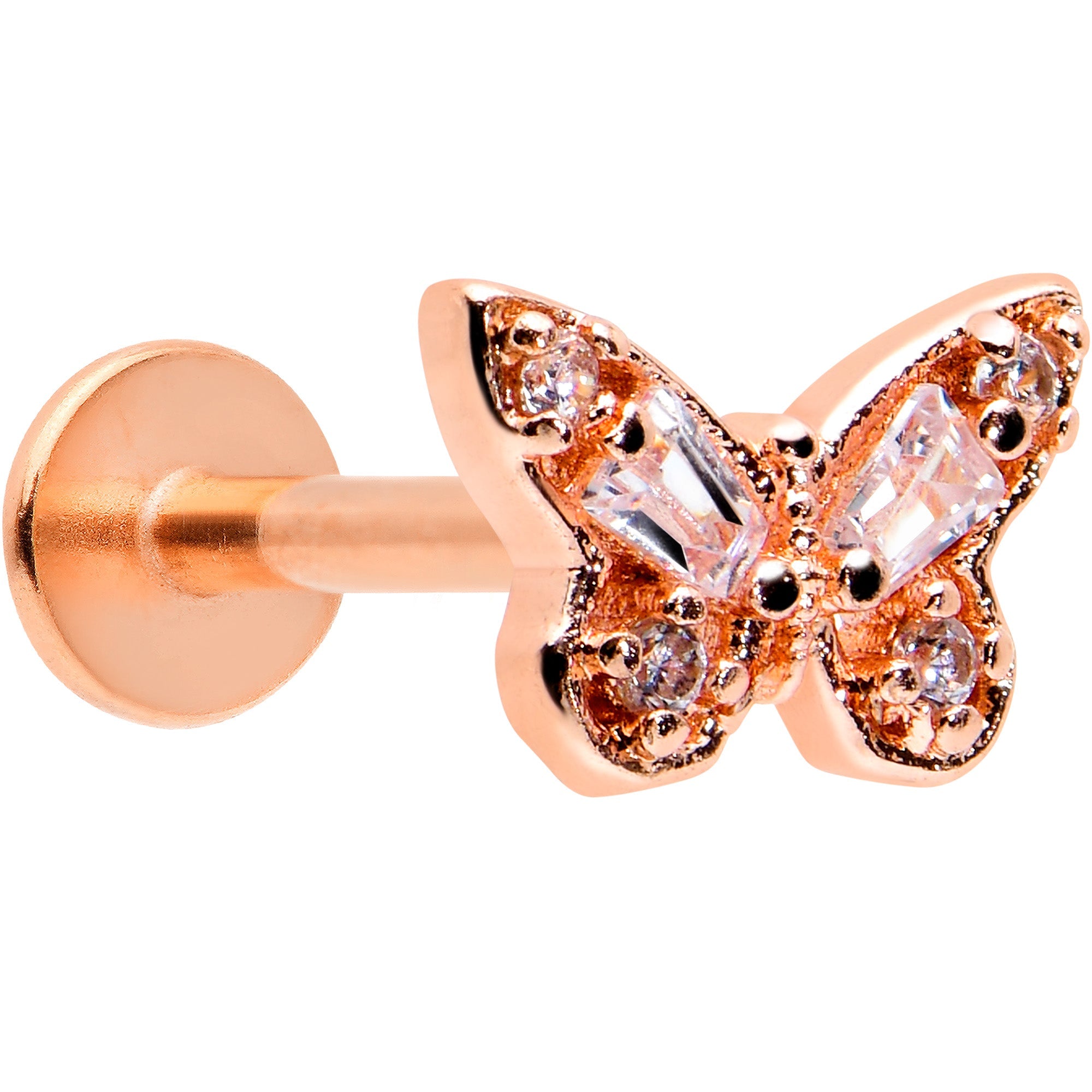 BodyCandy 16G 5/16 Clear Gem Rose Gold Tone Opulent Butterfly Labret Tragus — main product shot