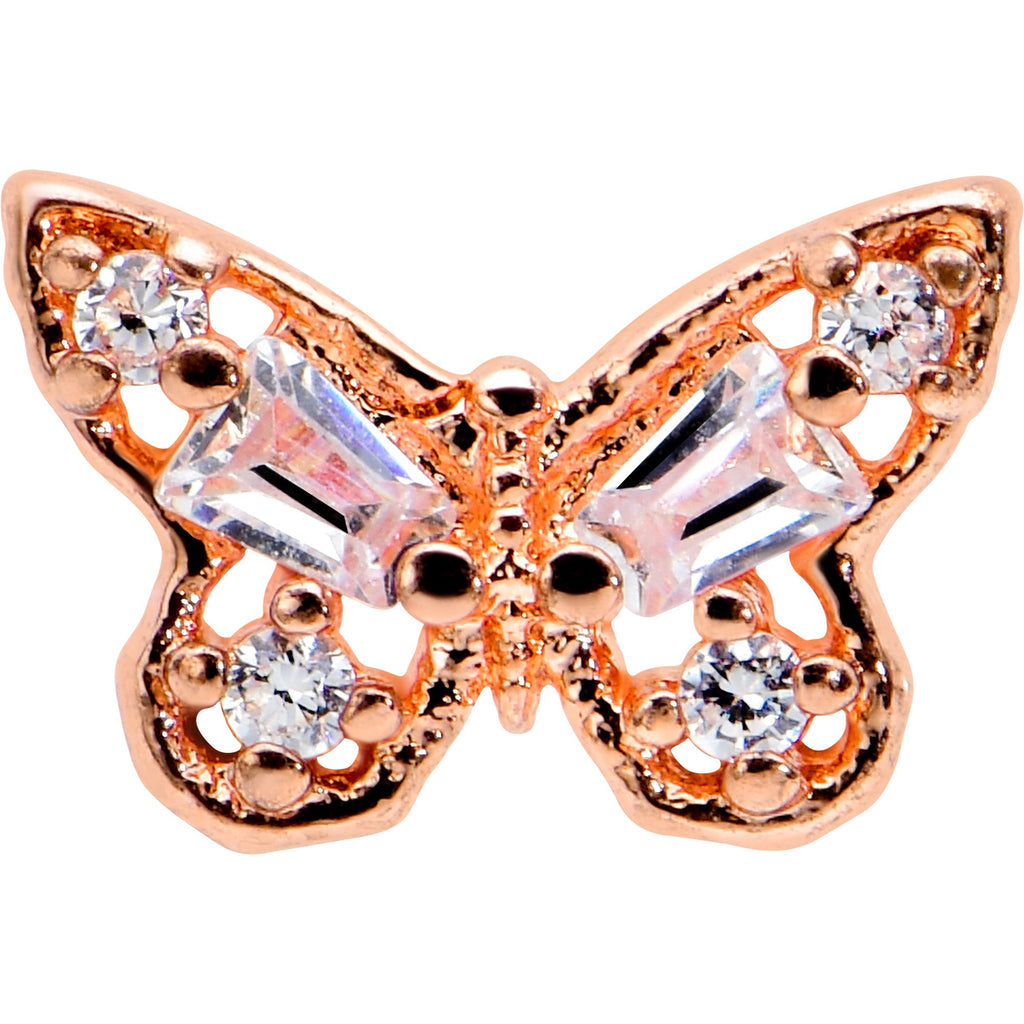BodyCandy 16G 5/16 Clear Gem Rose Gold Tone Opulent Butterfly Labret Tragus — detail close-up