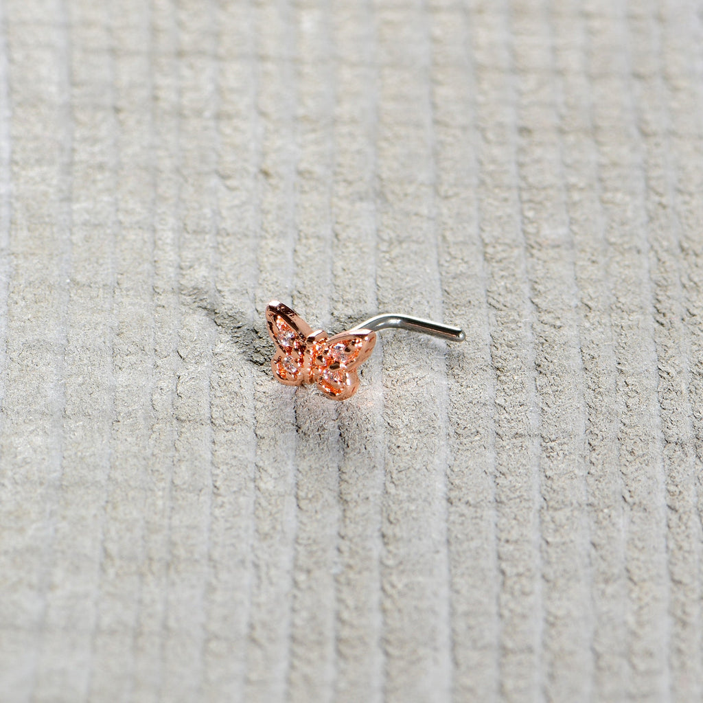 BodyCandy 20G 7mm Clear Gem Baroque Rosy Butterfly L Shape Nose Ring — in-use photo