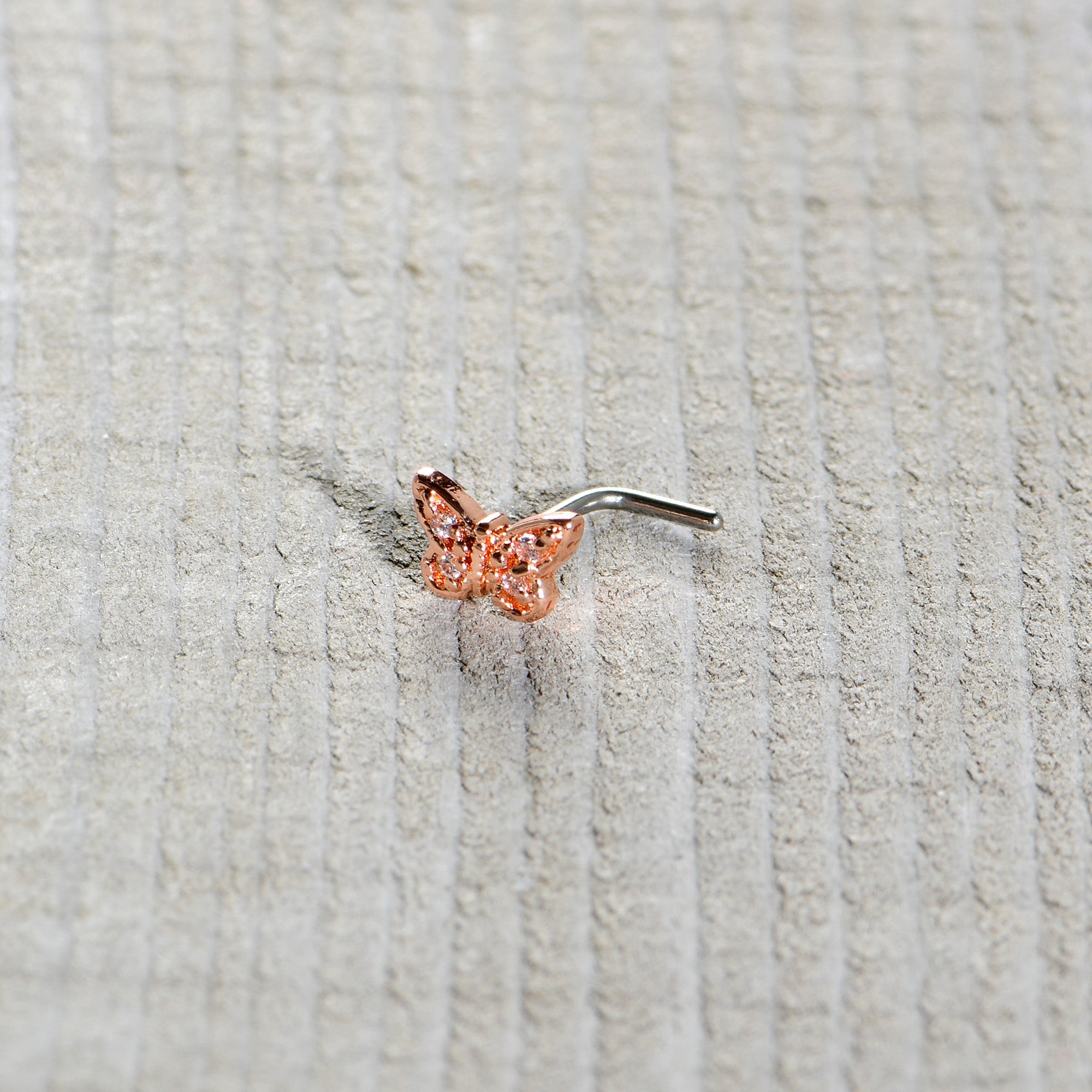 BodyCandy 20G 7mm Clear Gem Baroque Rosy Butterfly L Shape Nose Ring — in-use photo