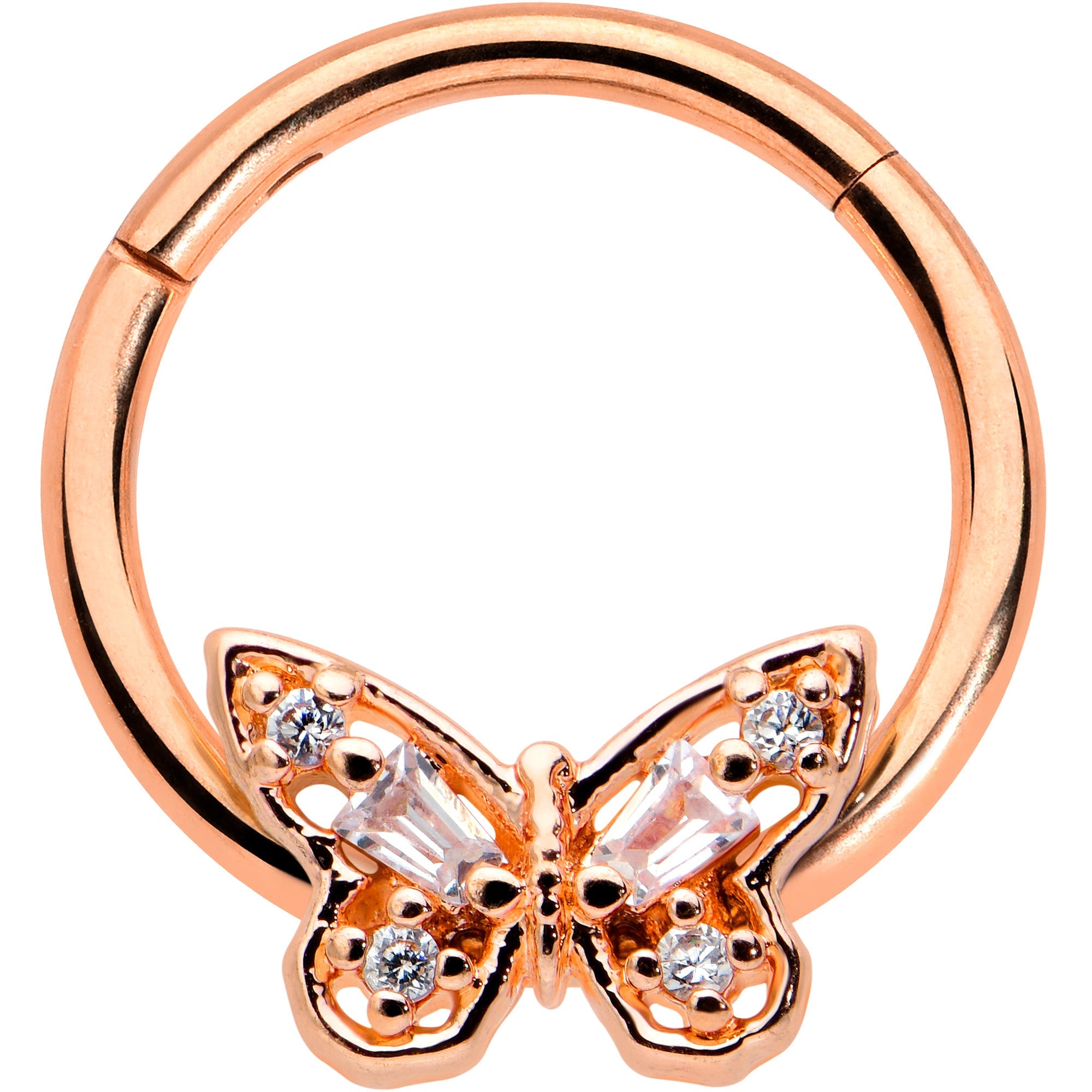 BodyCandy 16G 3/8 Clear Gem Rosy Tone Baroque Butterfly Hinged Segment Ring — main product shot