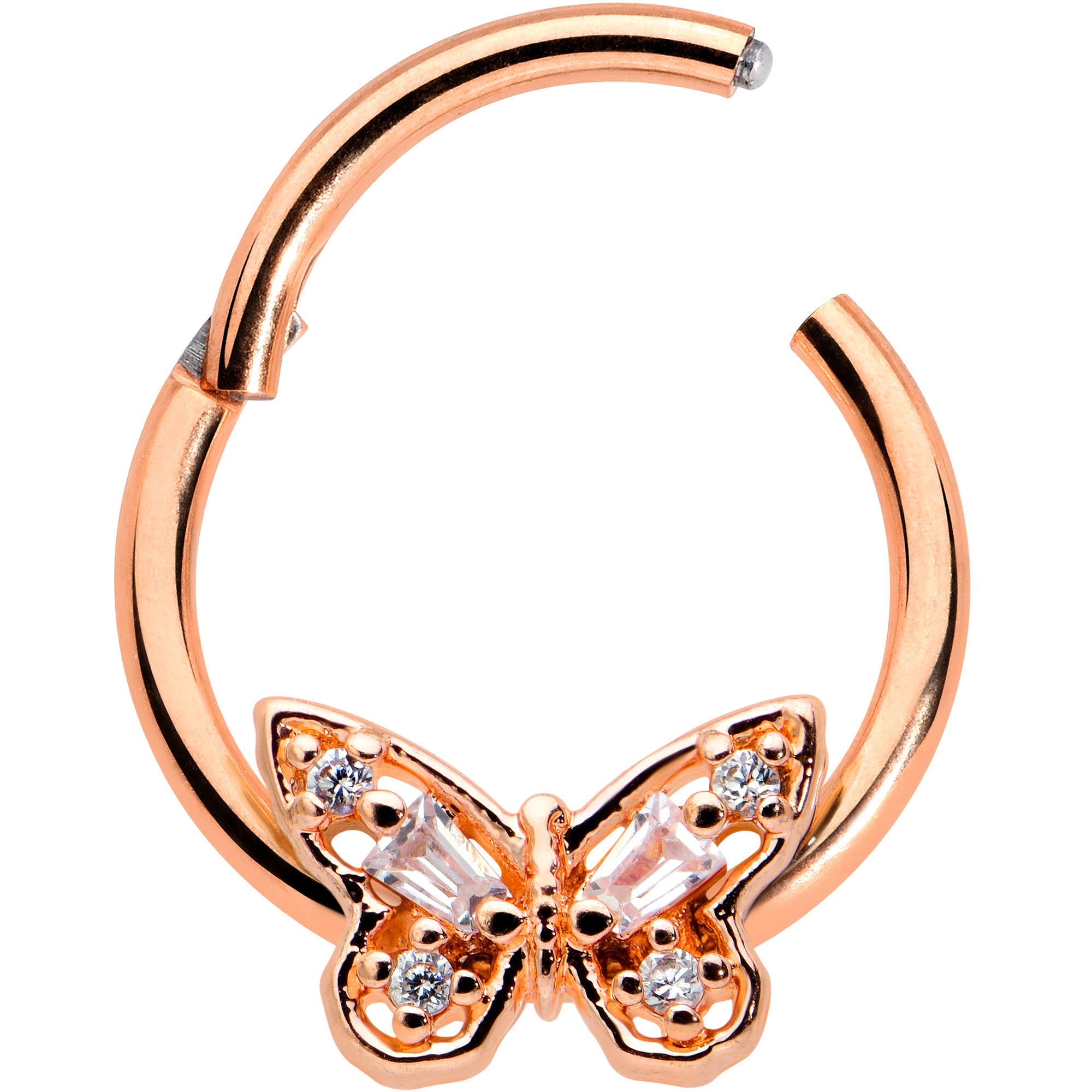 BodyCandy 16G 3/8 Clear Gem Rosy Tone Baroque Butterfly Hinged Segment Ring — detail close-up