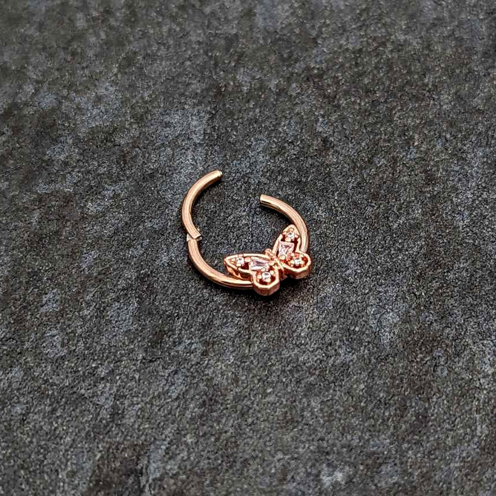 BodyCandy 16G 3/8 Clear Gem Rosy Tone Baroque Butterfly Hinged Segment Ring — back view