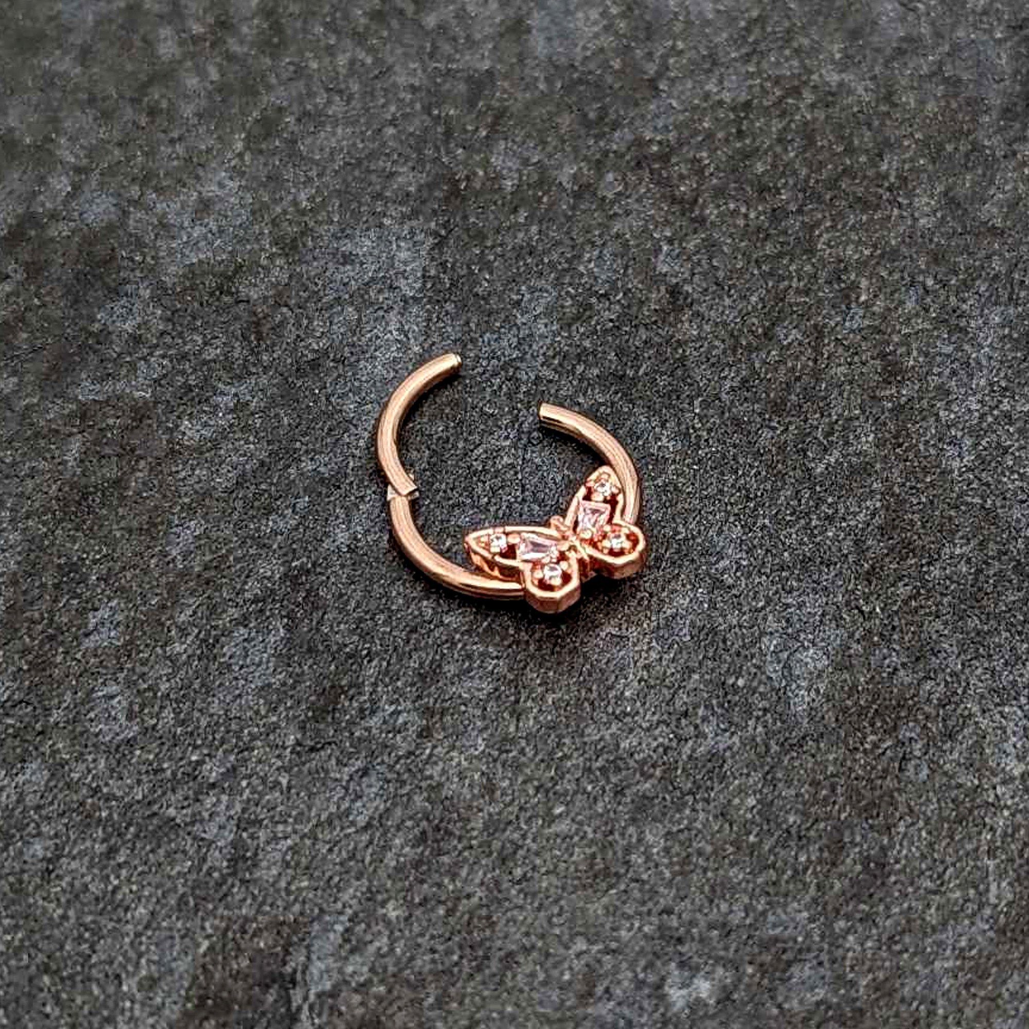 BodyCandy 16G 3/8 Clear Gem Rosy Tone Baroque Butterfly Hinged Segment Ring — back view