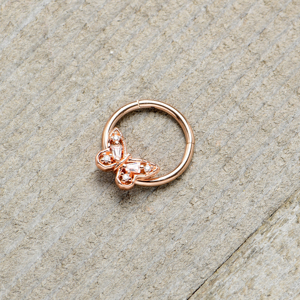 BodyCandy 16G 3/8 Clear Gem Rosy Tone Baroque Butterfly Hinged Segment Ring — alternative angle