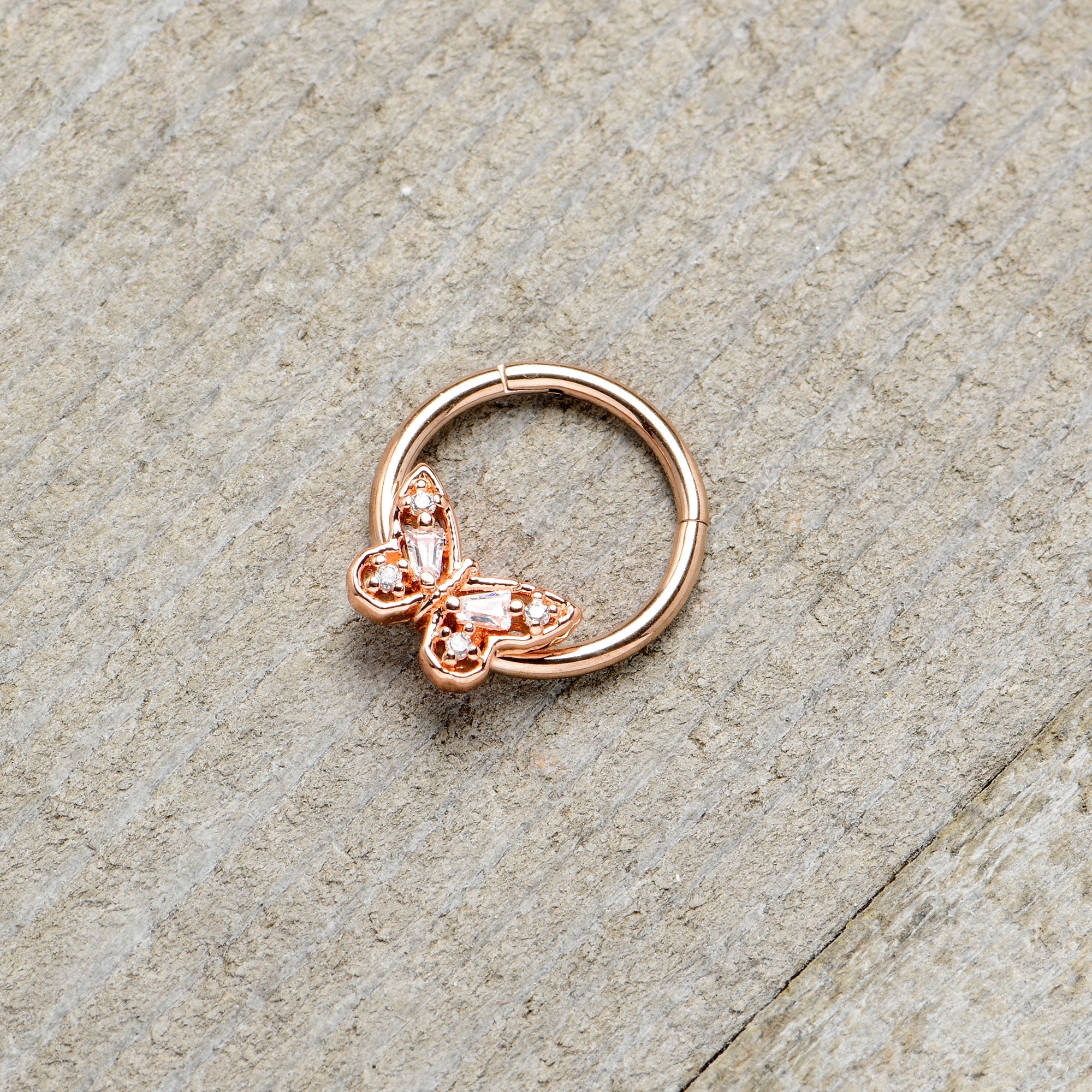 BodyCandy 16G 3/8 Clear Gem Rosy Tone Baroque Butterfly Hinged Segment Ring — alternative angle