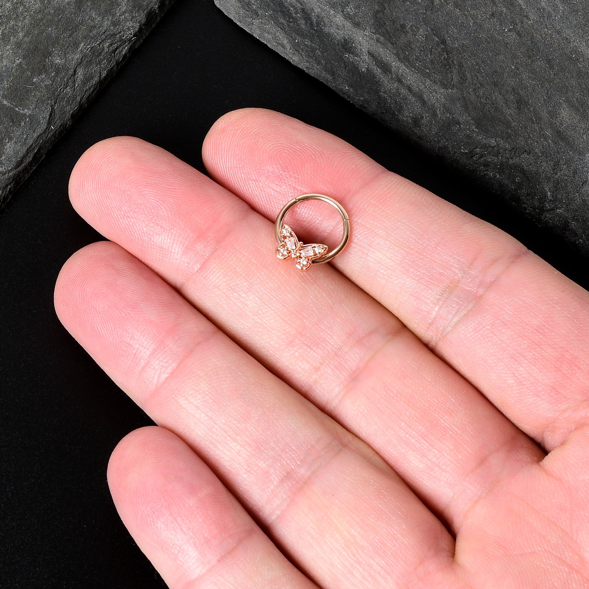 BodyCandy 16G 3/8 Clear Gem Rosy Tone Baroque Butterfly Hinged Segment Ring — size reference