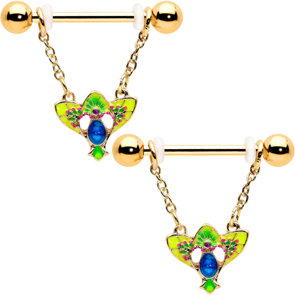 BodyCandy 14G 9/16 Blue Gem Gold Hue Tropic Fan Chain Dangle Nipple Ring Set — main product shot