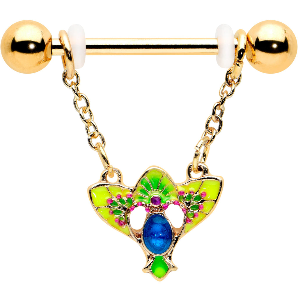 BodyCandy 14G 9/16 Blue Gem Gold Hue Tropic Fan Chain Dangle Nipple Ring Set — detail close-up