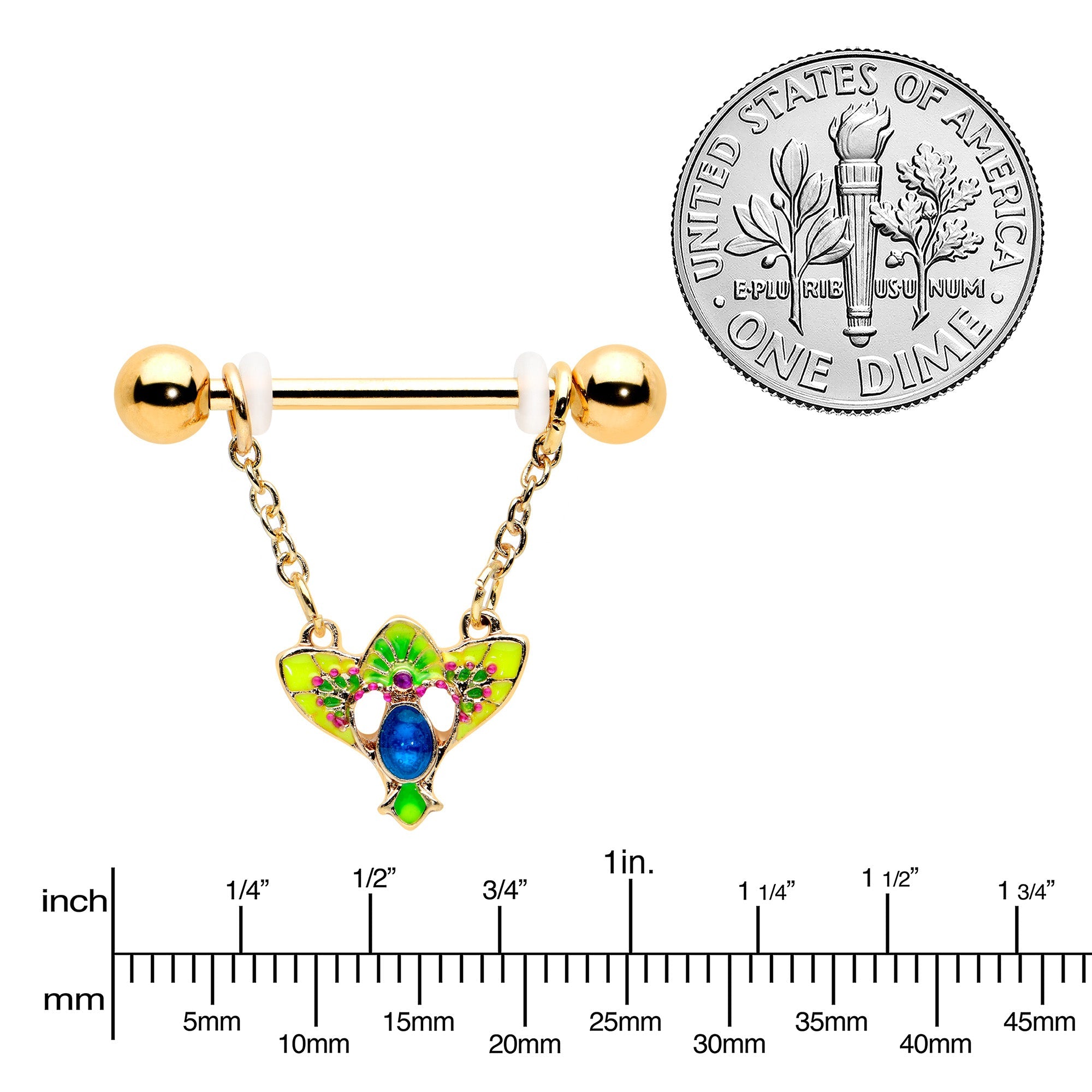 BodyCandy 14G 9/16 Blue Gem Gold Hue Tropic Fan Chain Dangle Nipple Ring Set — lifestyle context