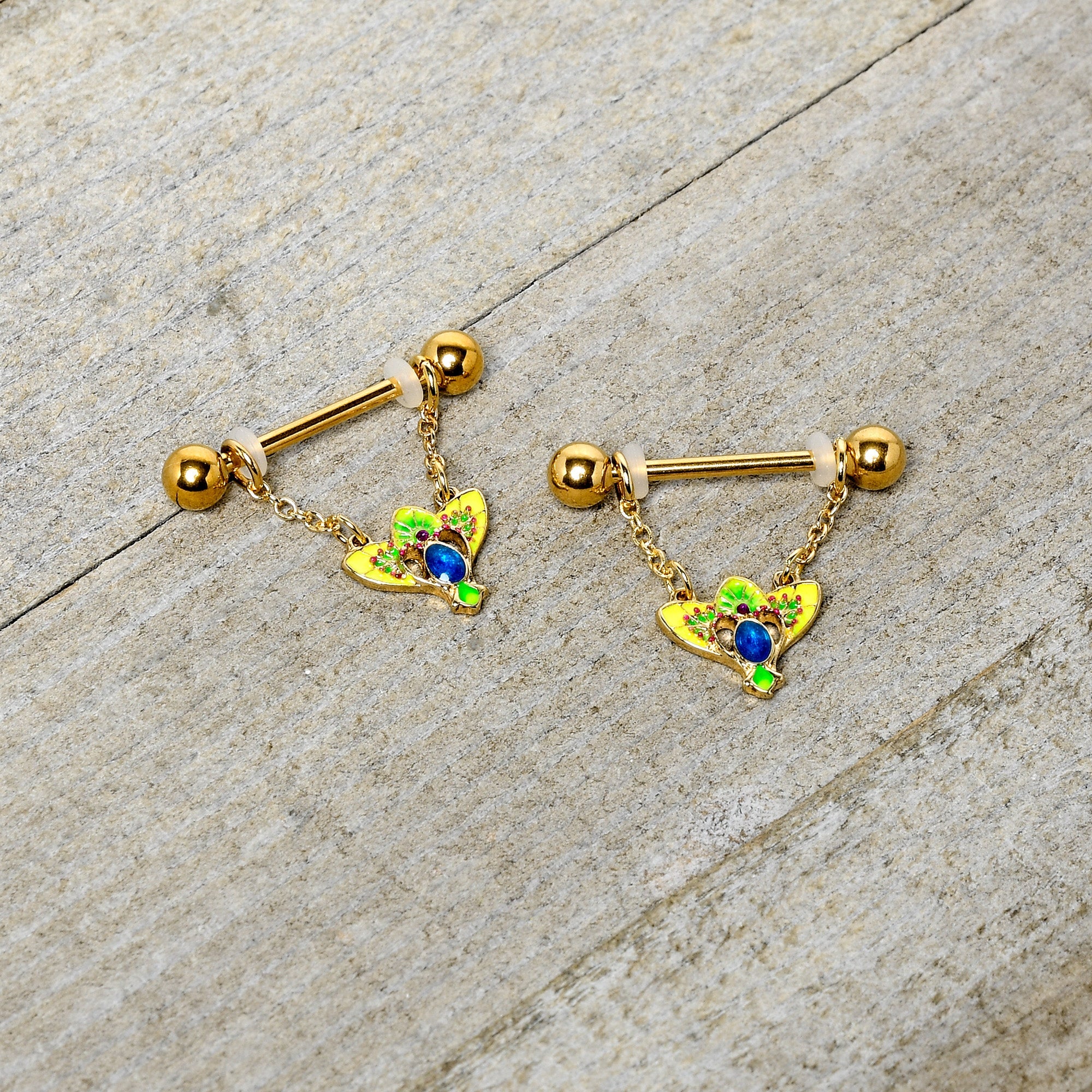 BodyCandy 14G 9/16 Blue Gem Gold Hue Tropic Fan Chain Dangle Nipple Ring Set — side view