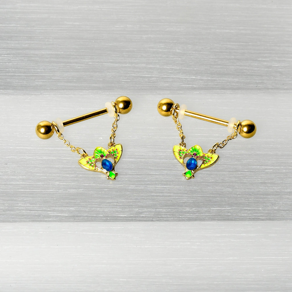 BodyCandy 14G 9/16 Blue Gem Gold Hue Tropic Fan Chain Dangle Nipple Ring Set — back view