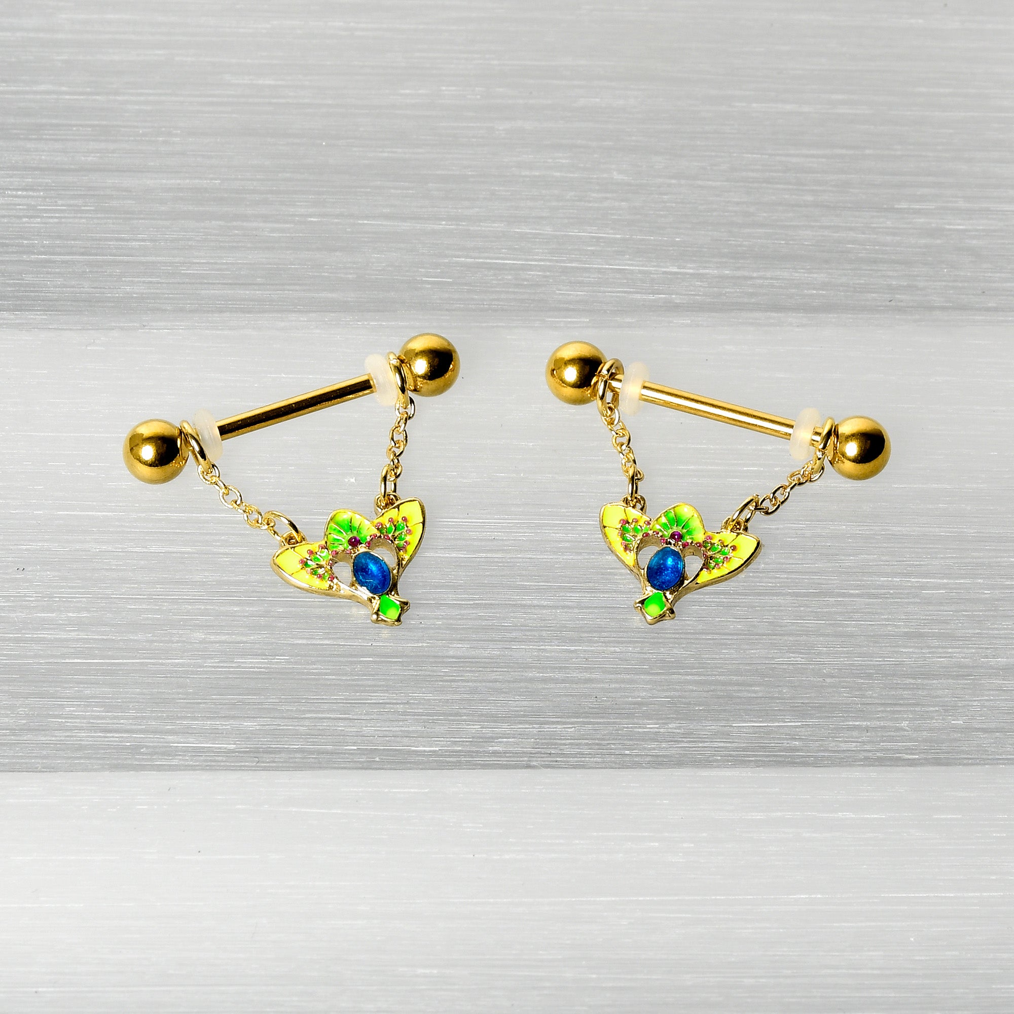 BodyCandy 14G 9/16 Blue Gem Gold Hue Tropic Fan Chain Dangle Nipple Ring Set — back view