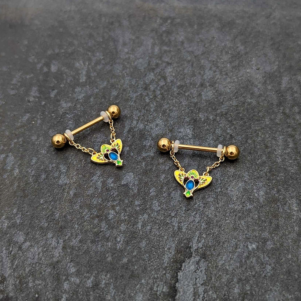 BodyCandy 14G 9/16 Blue Gem Gold Hue Tropic Fan Chain Dangle Nipple Ring Set — alternative angle