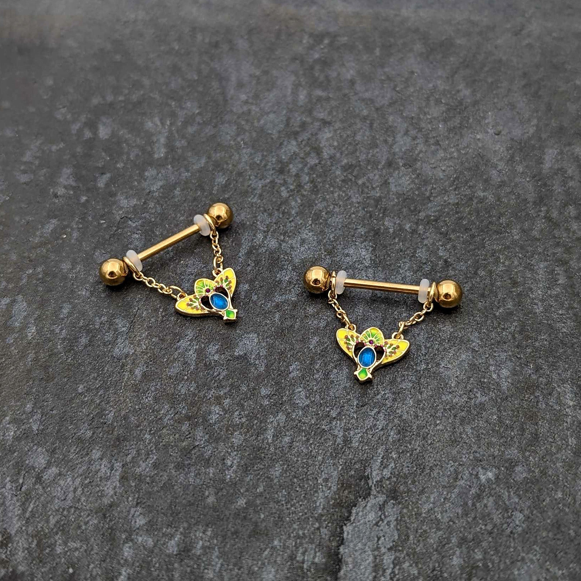 BodyCandy 14G 9/16 Blue Gem Gold Hue Tropic Fan Chain Dangle Nipple Ring Set — alternative angle