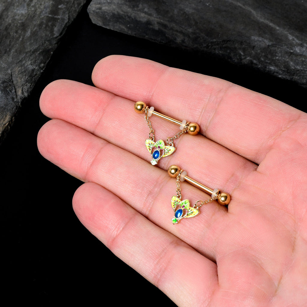 BodyCandy 14G 9/16 Blue Gem Gold Hue Tropic Fan Chain Dangle Nipple Ring Set — in-use photo