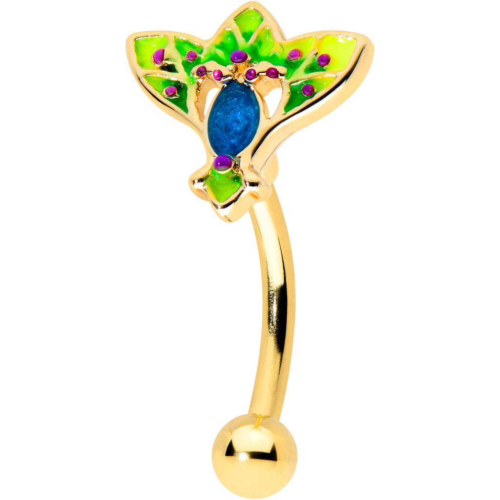 BodyCandy 16G 5/16 Blue Gem Gold Tone Tropic Fan Curved Eyebrow Ring — main product shot