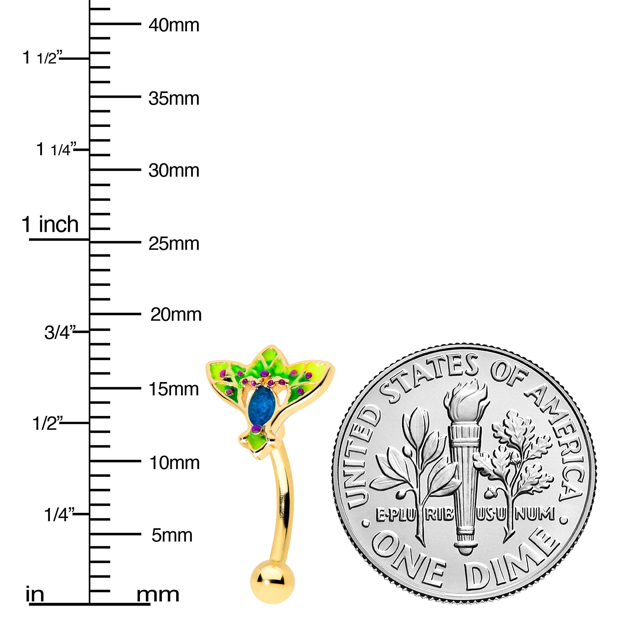 BodyCandy 16G 5/16 Blue Gem Gold Tone Tropic Fan Curved Eyebrow Ring — detail close-up