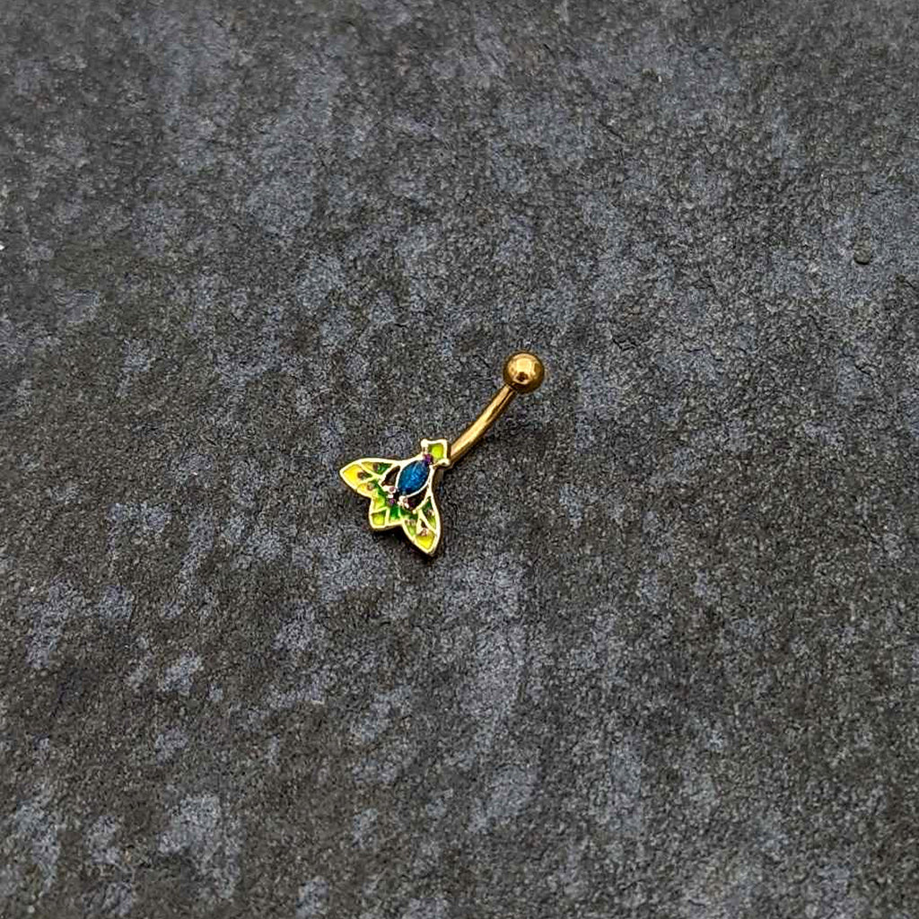 BodyCandy 16G 5/16 Blue Gem Gold Tone Tropic Fan Curved Eyebrow Ring — back view