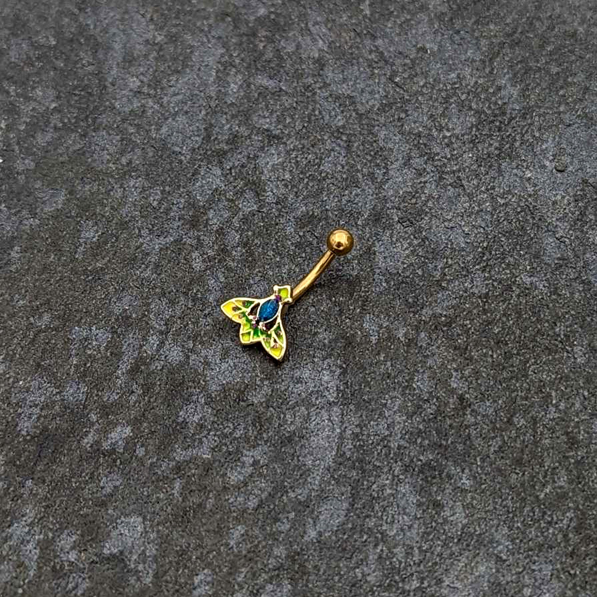 BodyCandy 16G 5/16 Blue Gem Gold Tone Tropic Fan Curved Eyebrow Ring — back view