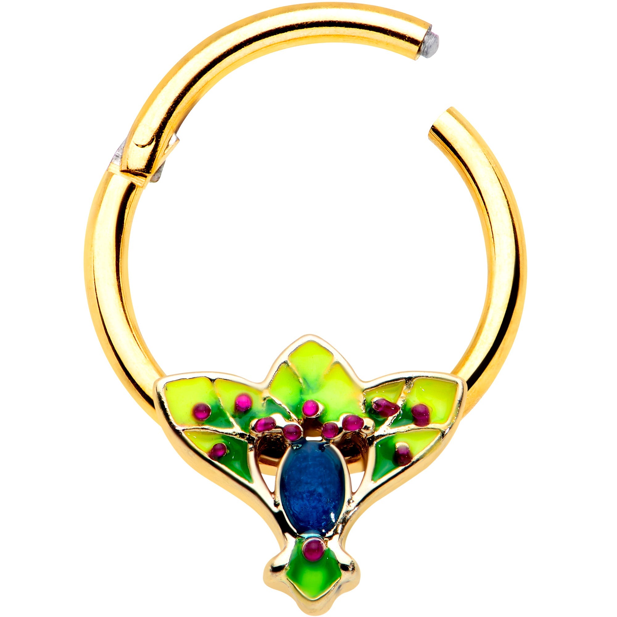 BodyCandy 16G 3/8 Blue Gem Gold Tone Tropic Fan Hinged Segment Ring — detail close-up