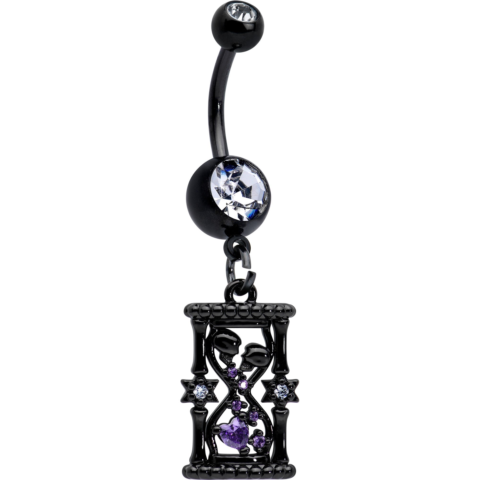 BodyCandy Clear Purple Gem Black Goth Heart Skulls Hourglass Dangle Belly Ring — main product shot