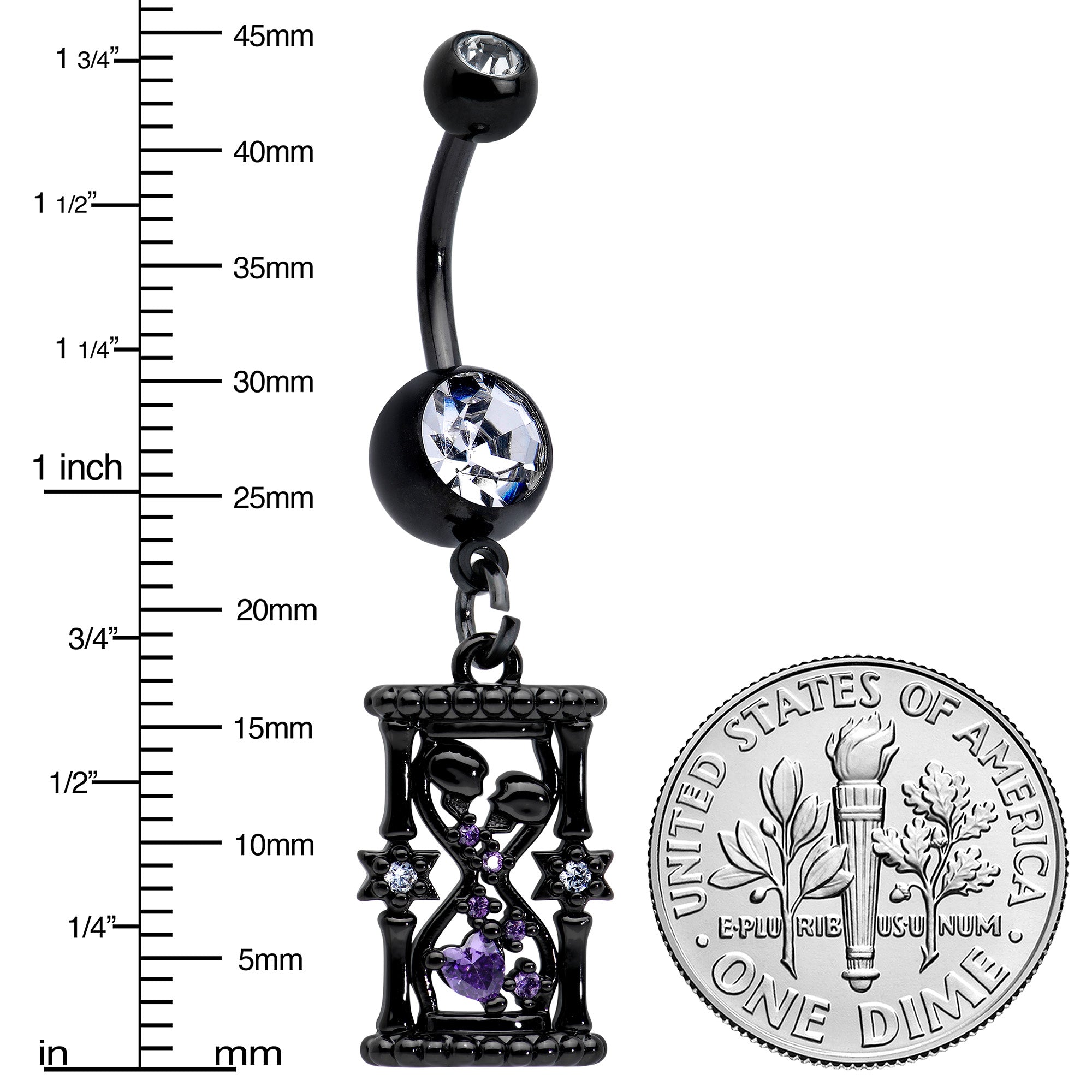 BodyCandy Clear Purple Gem Black Goth Heart Skulls Hourglass Dangle Belly Ring — detail close-up