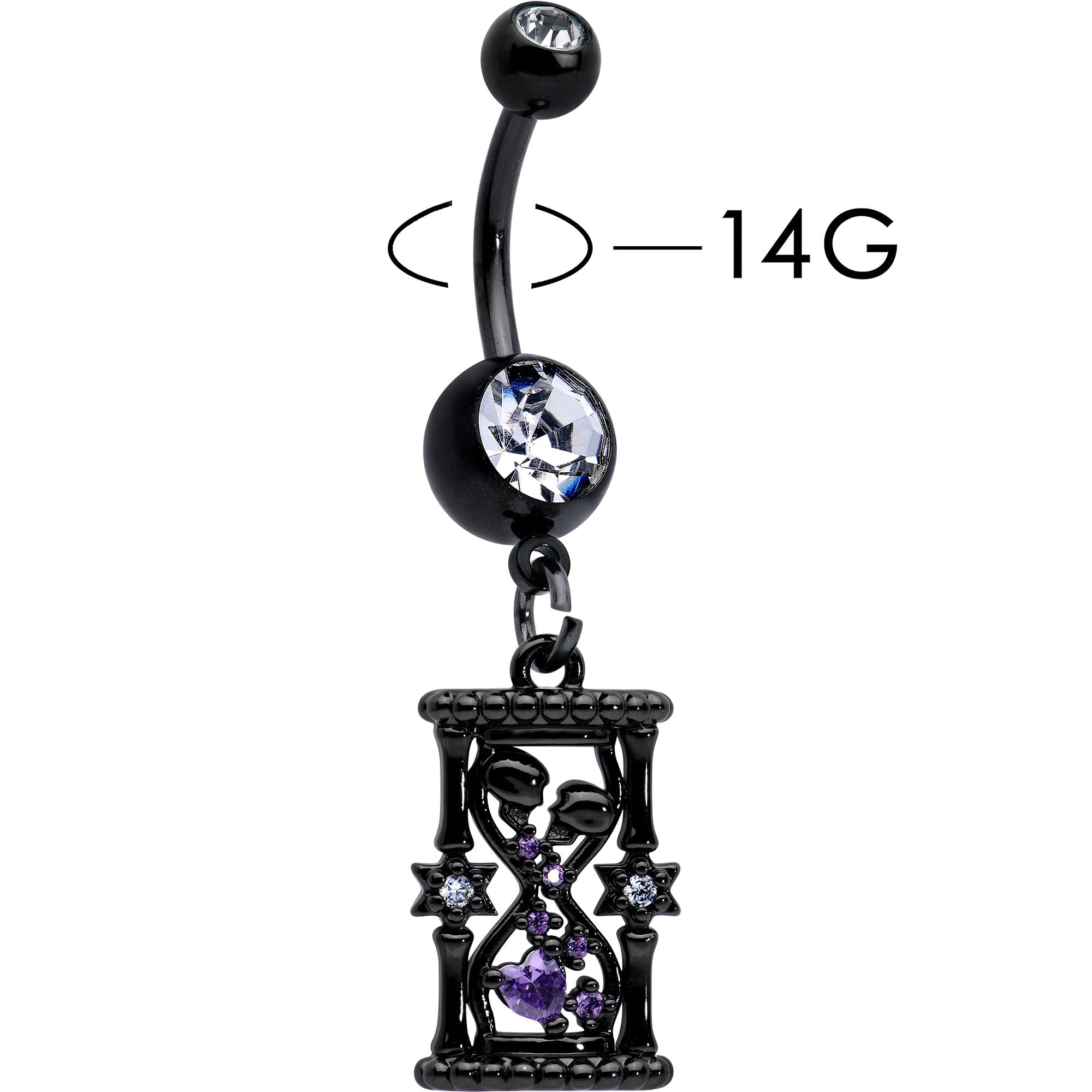 BodyCandy Clear Purple Gem Black Goth Heart Skulls Hourglass Dangle Belly Ring — lifestyle context