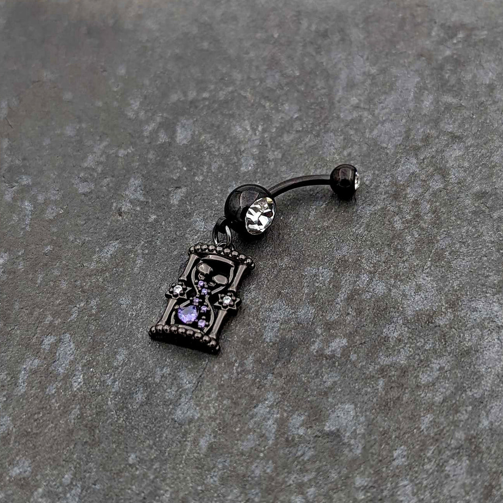 BodyCandy Clear Purple Gem Black Goth Heart Skulls Hourglass Dangle Belly Ring — side view