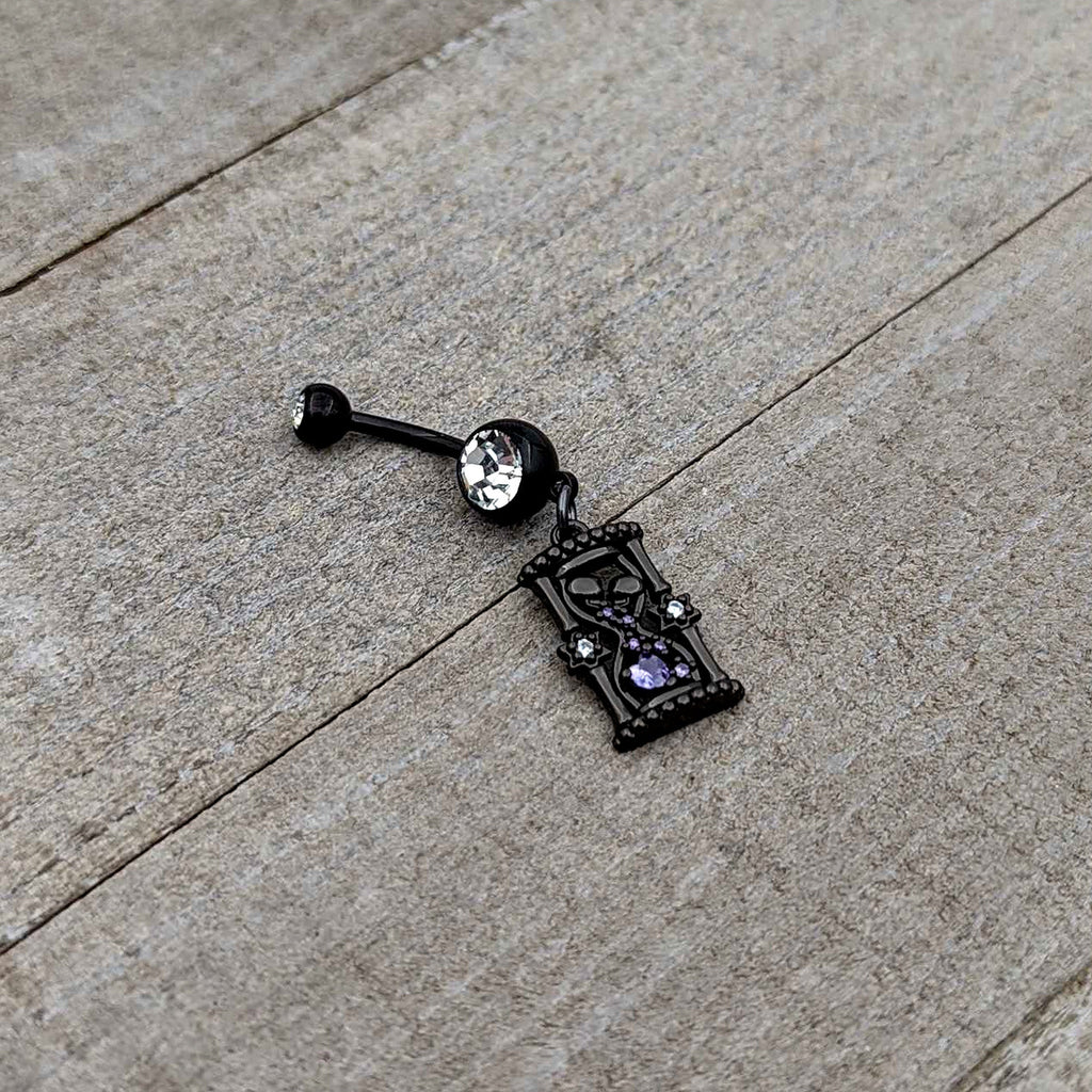 BodyCandy Clear Purple Gem Black Goth Heart Skulls Hourglass Dangle Belly Ring — back view