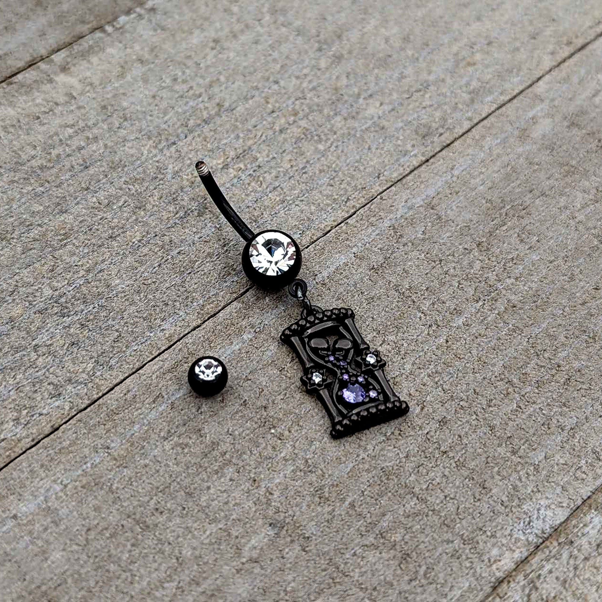 BodyCandy Clear Purple Gem Black Goth Heart Skulls Hourglass Dangle Belly Ring — alternative angle