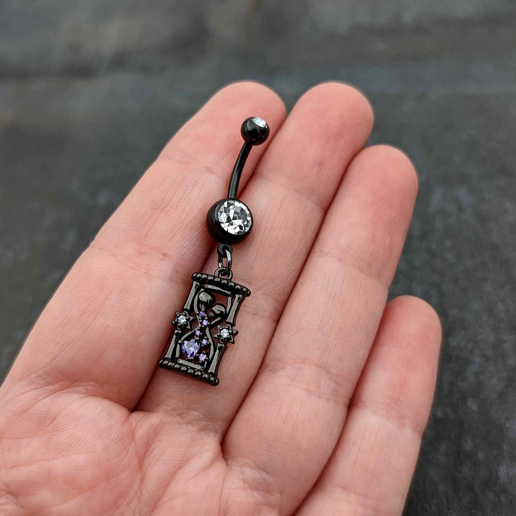 BodyCandy Clear Purple Gem Black Goth Heart Skulls Hourglass Dangle Belly Ring — size reference