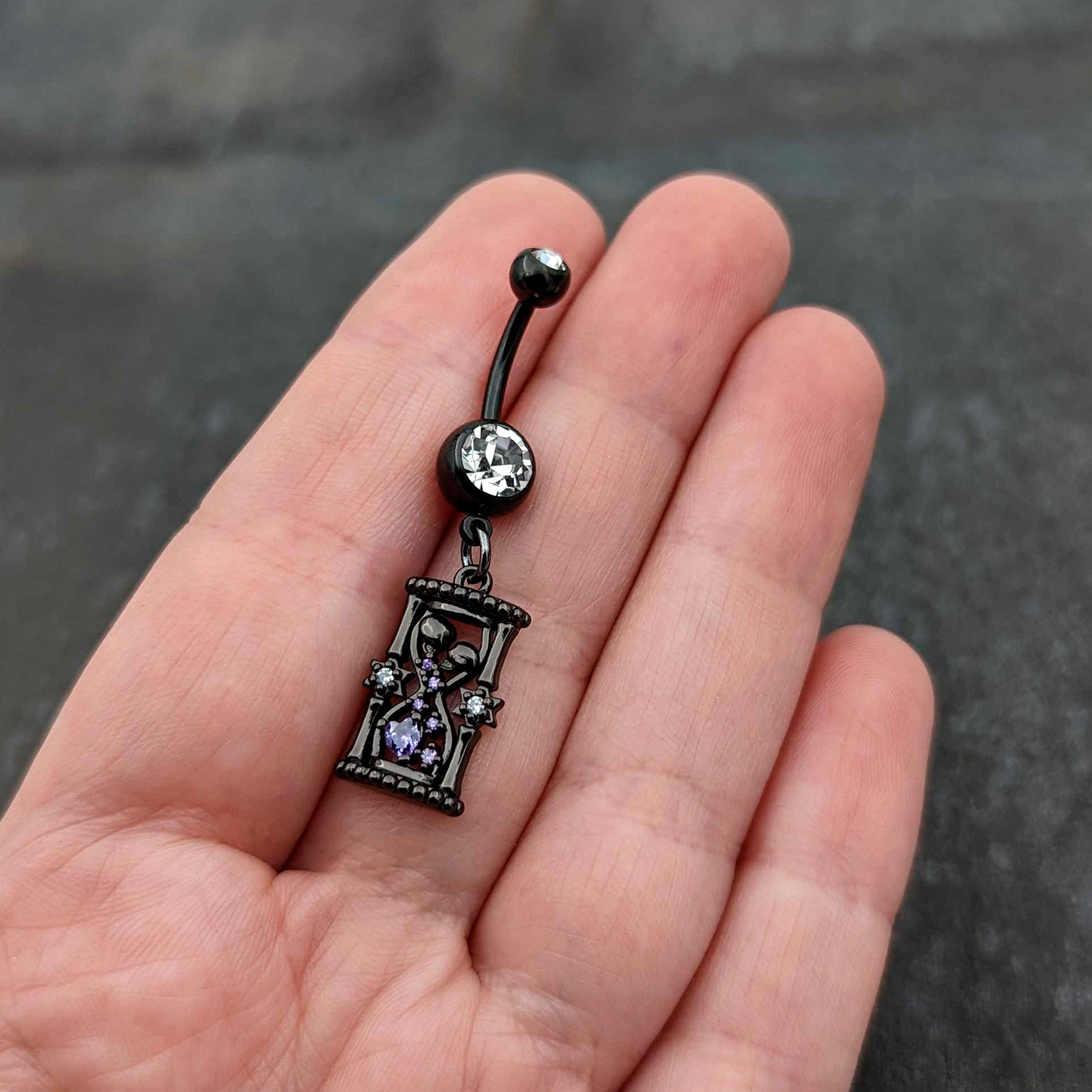 BodyCandy Clear Purple Gem Black Goth Heart Skulls Hourglass Dangle Belly Ring — size reference
